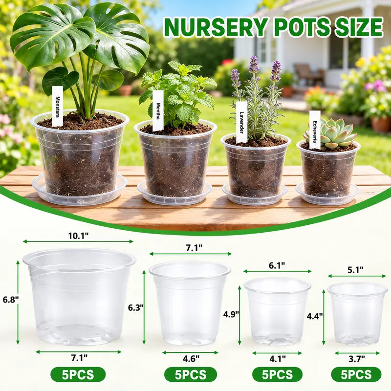 Zalovvi Nursery Clear Pots for Plants with Drainage Holes, 5/6/7/10 Inch Plant Pots for Planting,Matching Saucers & Plant Labels