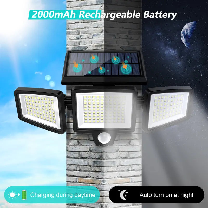 Tuffenough Solar Outdoor Lights 2500LM 210LED Security Lights,3 Heads Dimmable Spotlights with 3 Modes,Ip65 Waterproof,Suitable for Yard, Garage, Porch,Patio, Garden,Farm,Chicken Coop, Barn,Horse Stable,Pool,#Deals for You Days