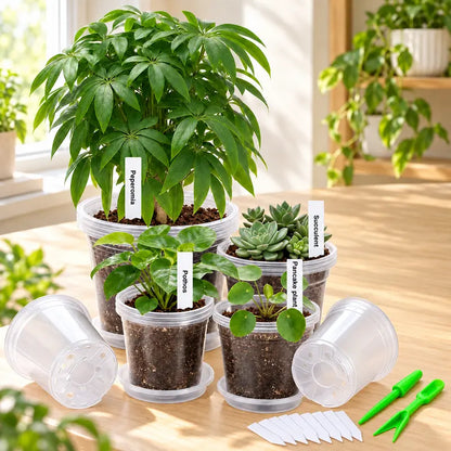 Zalovvi Nursery Clear Pots for Plants with Drainage Holes, 5/6/7/10 Inch Plant Pots for Planting,Matching Saucers & Plant Labels