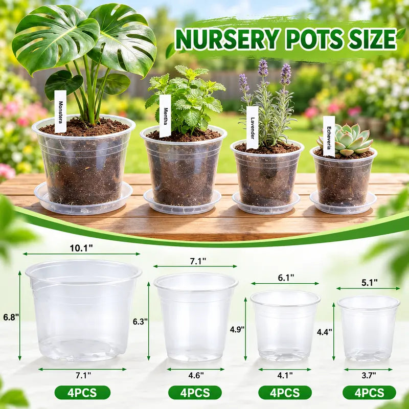 Zalovvi Nursery Clear Pots for Plants with Drainage Holes, 5/6/7/10 Inch Plant Pots for Planting,Matching Saucers & Plant Labels