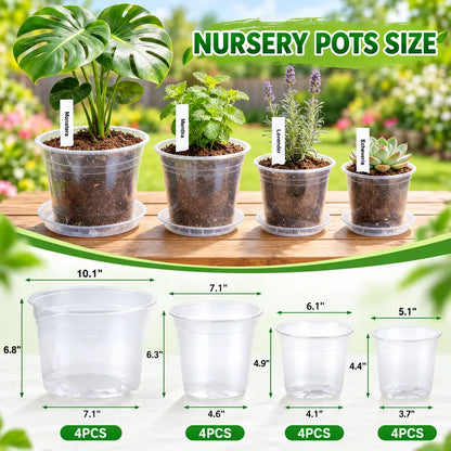 Zalovvi Nursery Clear Pots for Plants with Drainage Holes, 5/6/7/10 Inch Plant Pots for Planting,Matching Saucers & Plant Labels