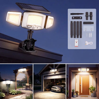Tuffenough Solar Outdoor Lights 2500LM 210LED Security Lights,3 Heads Dimmable Spotlights with 3 Modes,Ip65 Waterproof,Suitable for Yard, Garage, Porch,Patio, Garden,Farm,Chicken Coop, Barn,Horse Stable,Pool,#Deals for You Days