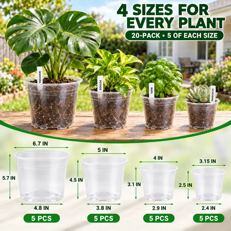 Zalovvi Nursery Clear Pots for Plants with Drainage Holes, 5/6/7/10 Inch Plant Pots for Planting,Matching Saucers & Plant Labels