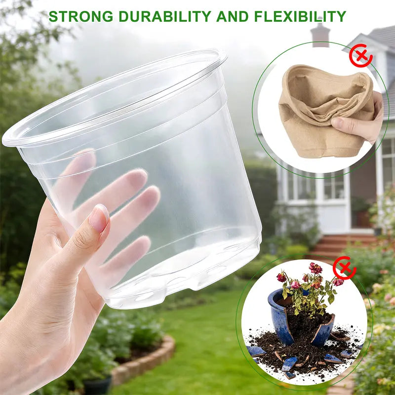Zalovvi Nursery Clear Pots for Plants with Drainage Holes, 5/6/7/10 Inch Plant Pots for Planting,Matching Saucers & Plant Labels