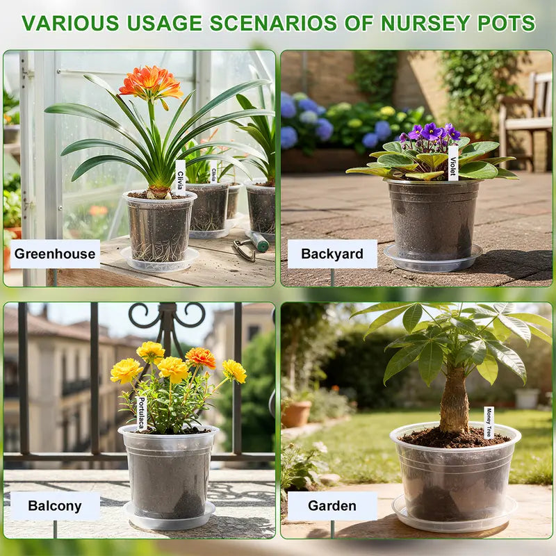 Zalovvi Nursery Clear Pots for Plants with Drainage Holes, 5/6/7/10 Inch Plant Pots for Planting,Matching Saucers & Plant Labels